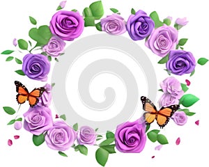 Floral frame of Roses with colorful butterflies. AI-Generated.