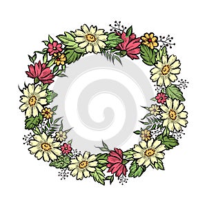 Floral frame with summer flowers. Floral bouquet circle whreath