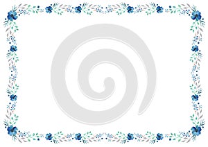 Floral frame template with blue flowers and swirly leaves on white background.