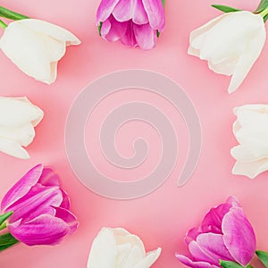 Floral frame with tulips flowers on pink pastel background. Flat lay, top view. Spring time background.