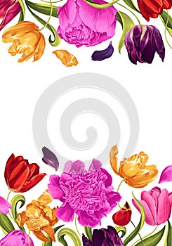 Floral frame of vector multicolored tulips and pink peonies.