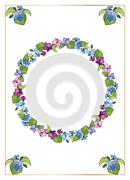 Floral frame with violet flowers wreath. Vintage background template.