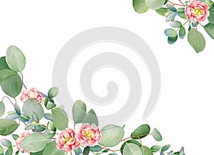 Floral frame with watercolor eucalyptus branches and flowers