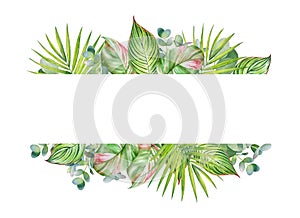 Floral frame with watercolor green tropical leaves and branches