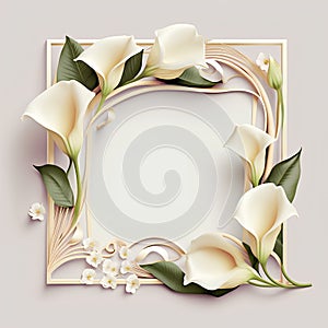 Floral frame with white calla lily flowers on pastel background. Vector illustration.