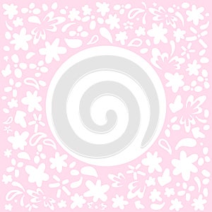 Floral frame white flowers on a pink background. Vector frame with round place for text.