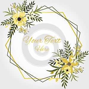 Floral frame with yellow flowers, leaves and branches in white background.