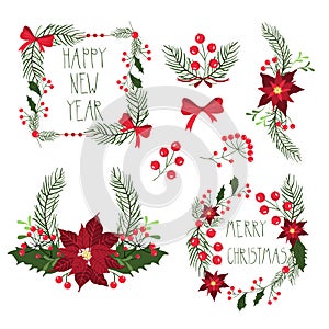 Floral frames for Christmas holiday cards with flowers and berries. Vector Illustration.