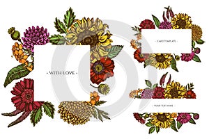 Floral frames with colored poppy flower, gerbera, sunflower, milkweed, dahlia, veronica