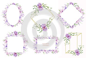 Floral frames with pink flowers and decorative leaves. Watercolor Invitation design horizontal. Background to save the date.Greeti