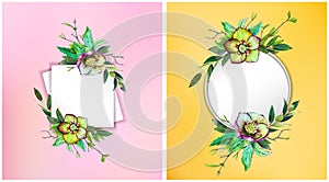 Floral frames set. Green flowers background.