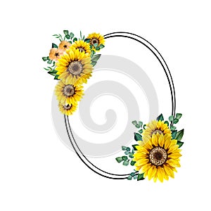 Floral Frames with Sunflowers and Leaves. Watercolor sunflower frame. White background. Watercolor floral. Botanical Drawing