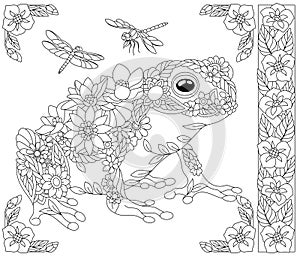 Floral frog. Adult coloring book page