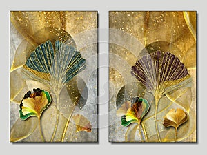 Floral functional canvas art, watercolor geode painting. Golden wavy shapes lines and feathers