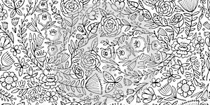 Floral Garden. Spring concept Background. Seamless pattern for your design. Colouring page