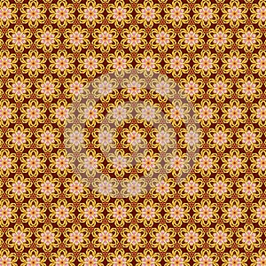 Floral geometric autumn pattern with pink, yellow, orange flowers and leaves on a dark vine red brown background