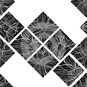 Floral geometric background with lily flowers on white. Abstract seamless pattern. Vector. Black and white