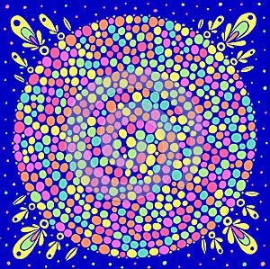 Floral geometric doodle mandala. Neon and blue color. Vibrant realistic drawing. Zendoodle multicolor sacred geometry. Trippy and photo
