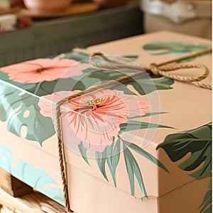 Floral Gift Box with Rustic Twine Bow, Closeup