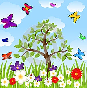 Floral glade, tree and bright butterflies