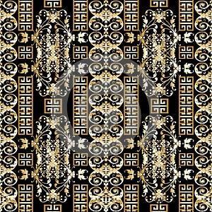 Floral gold greek vector seamless pattern. Vintage damask ornaments. Modern wallpaper. Patterned ornate striped background. Vert