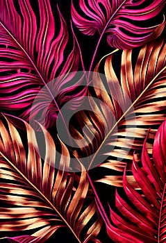 Floral gold magenta palm abstract background.