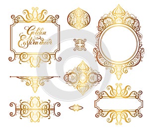 Floral golden eastern decor frame elements, paisley pattern