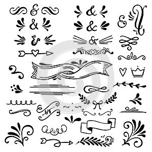 Floral and graphic design elements with ampersands.Vector set of text dividers for lettering.