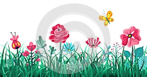 Floral grass border. Green flowers spring field, summer meadow nature, panorama herbs macro element vector concept