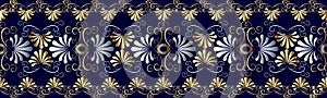 Floral grecian seamless border pattern. Blue vector geometric ba