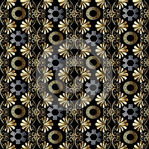 Floral grecian seamless pattern. Black vector geometric background. Abstract flourish wallpaper. Hand drawn gold