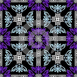 Floral greek colorful vector seamless pattern. Ornamental geometric tribal ethnic style background. Elegance hand drawn