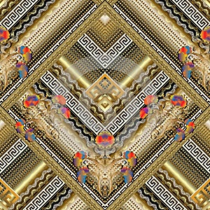 Floral greek key tiled seamless pattern. Vector striped 3d background wallpaper with vintage gold rhombus, frames, lines, stripes