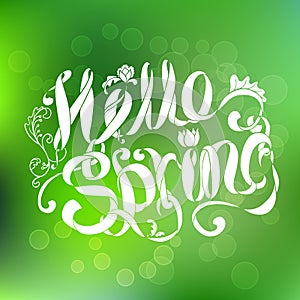 Floral green banner with lettering Hello spring on gradient background