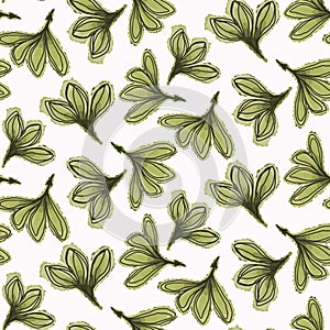 Floral Green Leaf Motif Watercolor Background. Seamless Vector Pattern Brown on White. Delicate Hand Drawn for Textile Print,