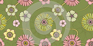 Floral green seamless pattern with gerberas and magnolias