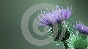 Floral green-violet background. Purple thorny thistle flower. A purple flower on a green background. Closeup.