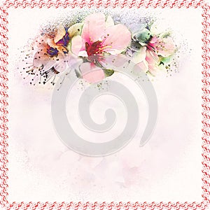 Floral greeting card with abstract spring flowers on grunge stained hazy background in pastel colors with copy space and