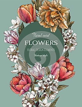 Floral greeting card with bouquet of watercolor tulips and apple blossom