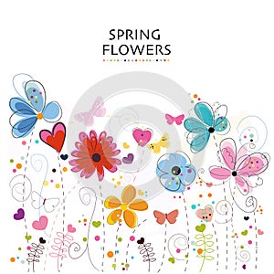 Floral greeting card with colorful decorative abstract spring flowers