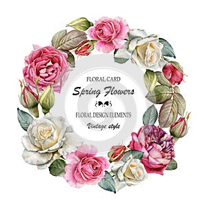 Floral greeting card with a frame of watercolor roses. Wreath of flowers