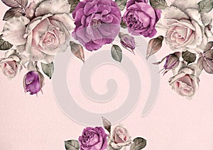 Floral greeting card with a frame of watercolor Violet and white roses