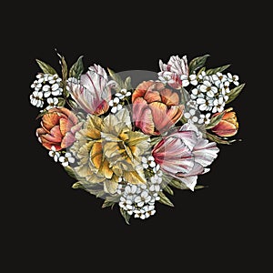 Floral greeting card with heart of flowers. Illustration