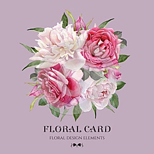 Floral greeting card with roses and white peonies