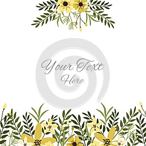 Floral greeting card template with yellow flowers, leaves and branches in white background.