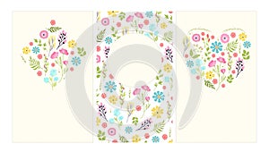 Floral greeting cards with colorful flowers and leaves arranged in patterns and shapes. Spring blossoms and foliage for