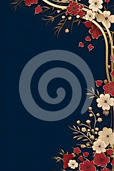 Floral half frame with red white flowers in the middle empty dark blue box with space for your own content