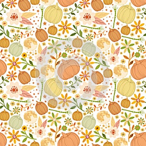 Floral halloween seamless pattern with bones and pumpkins