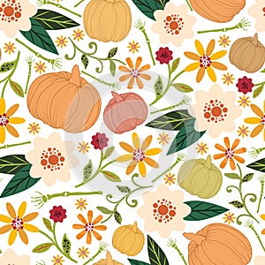 Floral halloween seamless pattern with bones and pumpkins