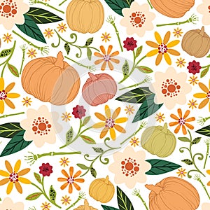 Floral halloween seamless pattern with bones and pumpkins photo